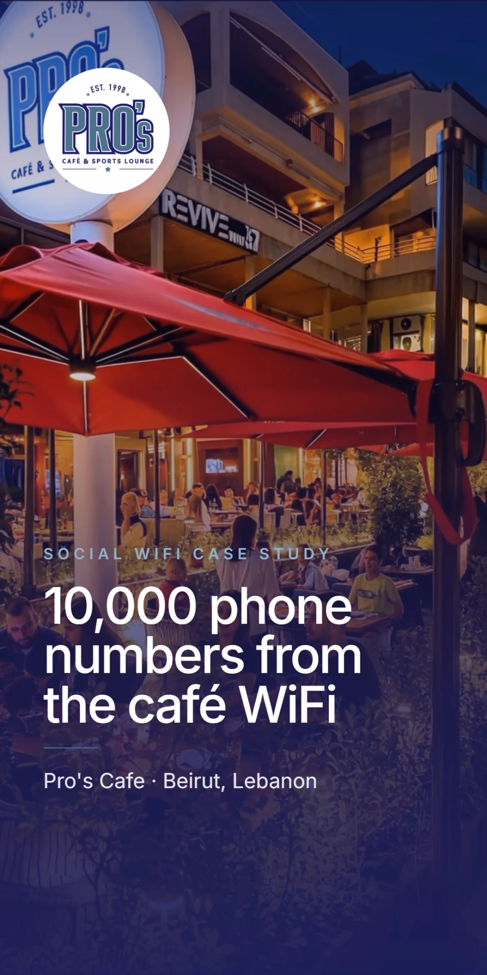 Social WiFi case study cover: 10,000 phone numbers from the cafe WiFi. Pro's Cafe, Beirut, Lebanon.
