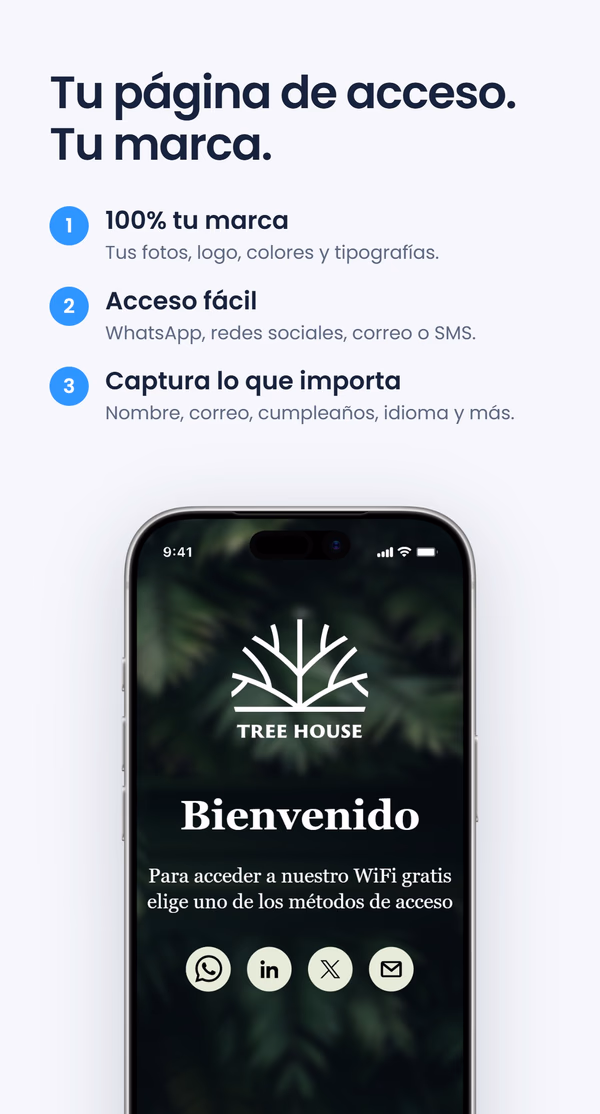 Tres beneficios de una página de acceso WiFi con tu marca - 100% tu marca, acceso fácil y captura lo que importa - junto a un teléfono con una pantalla de acceso personalizada para 'Tree House', bajo el titular 'Tu página de acceso. Tu marca.'