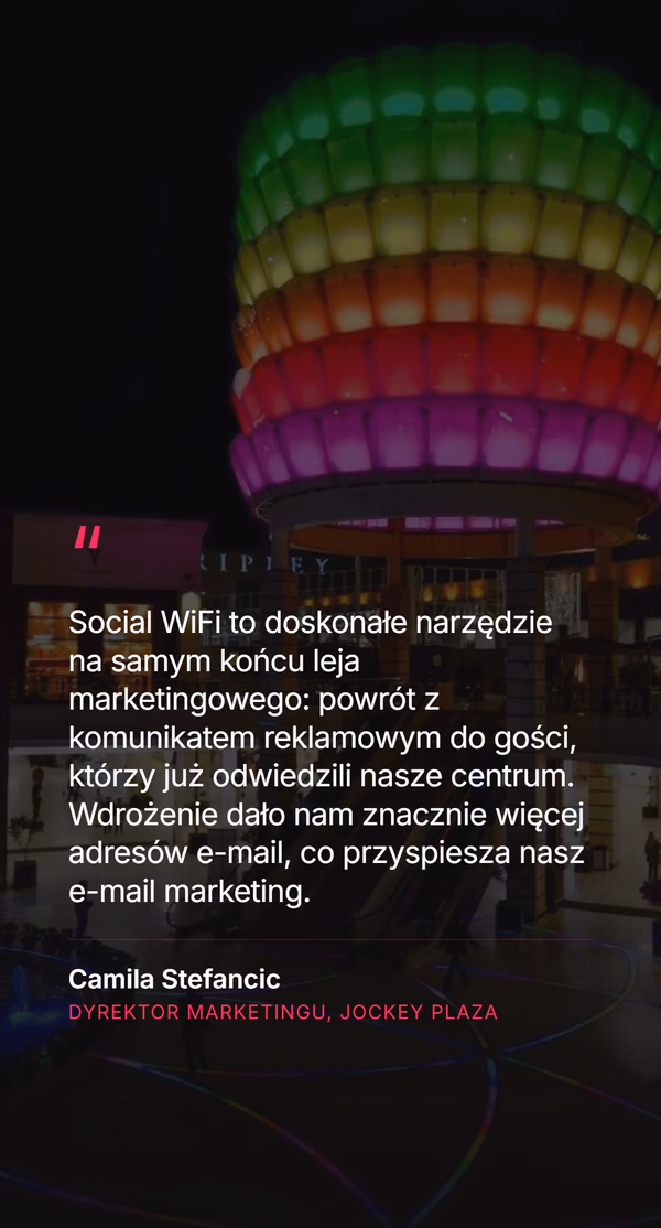 Cytat klienta na tle kolorowej rzeźby w centrum handlowym: Social WiFi to doskonałe narzędzie na samym końcu leja marketingowego - powrót z komunikatem reklamowym do gości, którzy już odwiedzili nasze centrum. Wdrożenie dało nam znacznie więcej adresów e-mail, co przyspiesza nasz e-mail marketing. Camila Stefancic, Dyrektor Marketingu, Jockey Plaza.