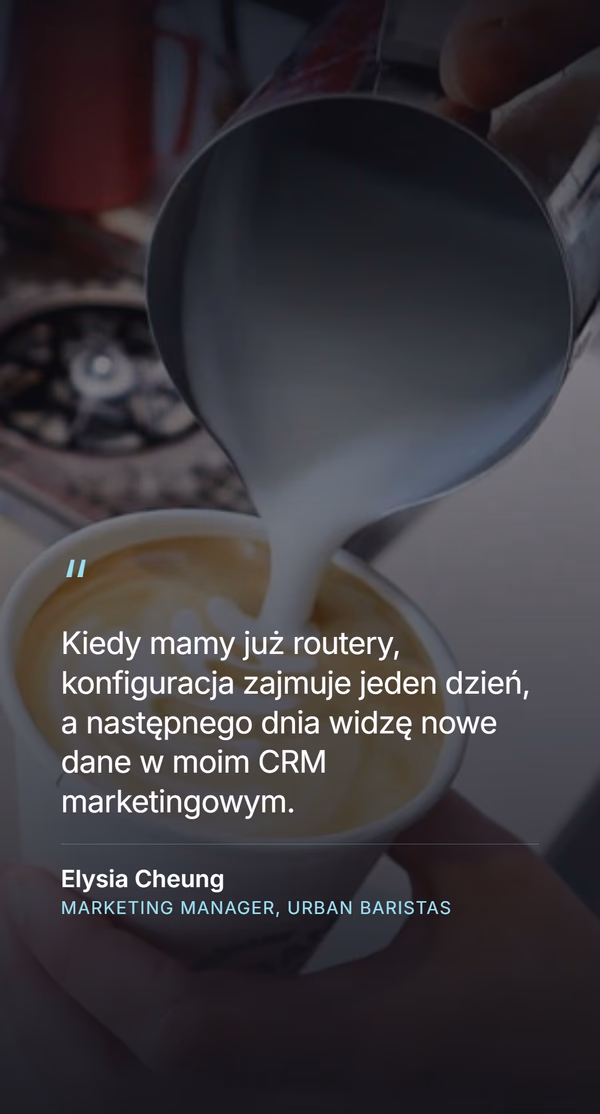Cytat klientki - 'Kiedy mamy już routery, konfiguracja zajmuje jeden dzień, a następnego dnia widzę nowe dane w moim CRM marketingowym' - Elysia Cheung, Marketing Manager, Urban Baristas
