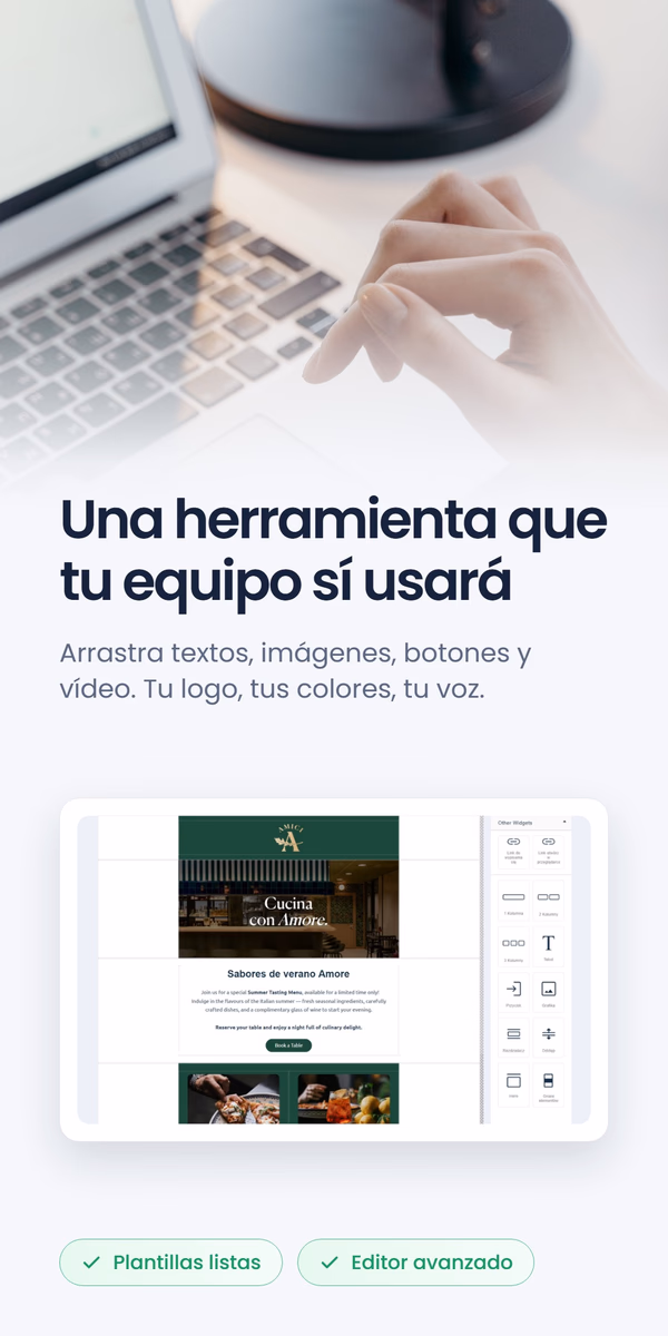 Creador de correos de arrastrar y soltar mostrando un correo del restaurante Amici, junto al titular 'Una herramienta que su equipo sí usará'