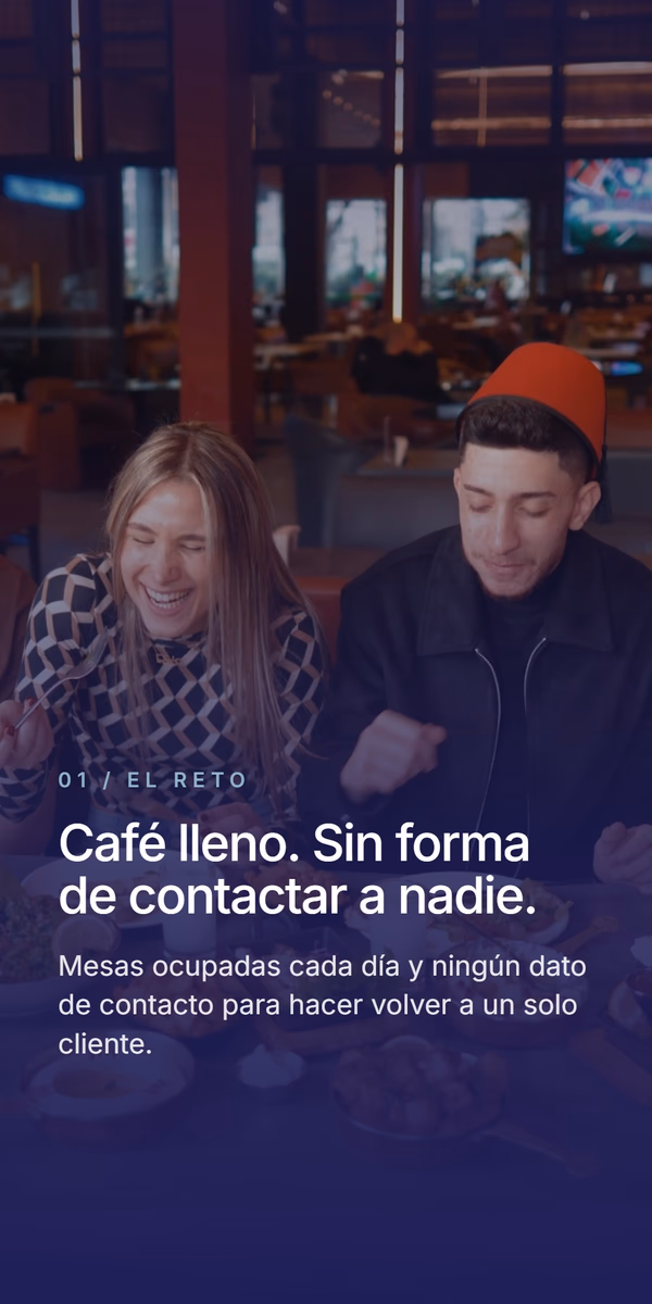 Clientes sonrientes comiendo en el café Pro's Cafe, bajo el titular 'Café lleno. Sin forma de contactar a nadie.' y el texto que explica que, pese a las mesas ocupadas cada día, el café no tenía ningún dato de contacto para hacer volver a los clientes