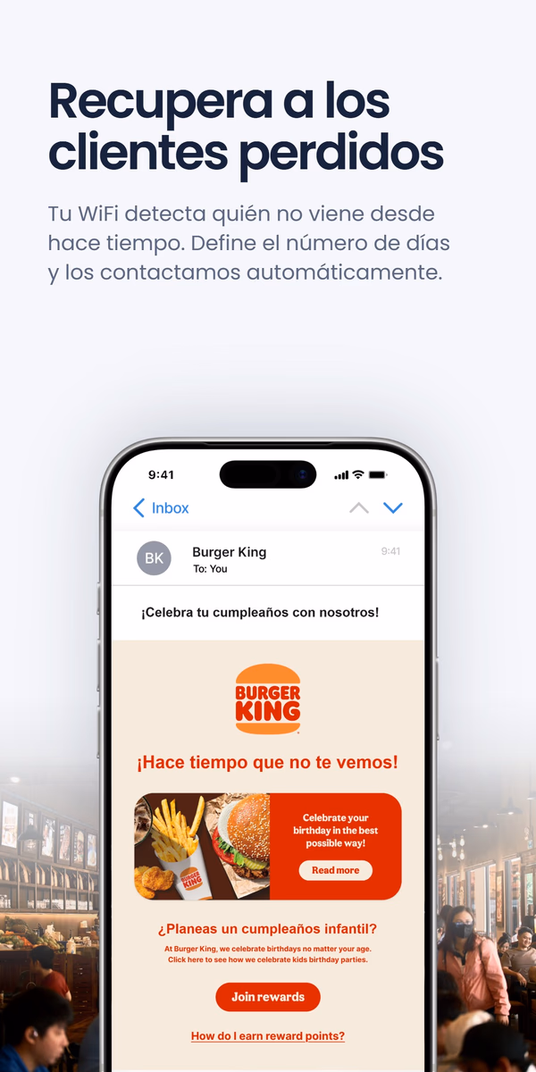 Teléfono mostrando un correo de recuperación de Burger King '¡Hace tiempo que no te vemos!' con una oferta de cumpleaños, bajo el titular 'Recupera a los clientes perdidos'