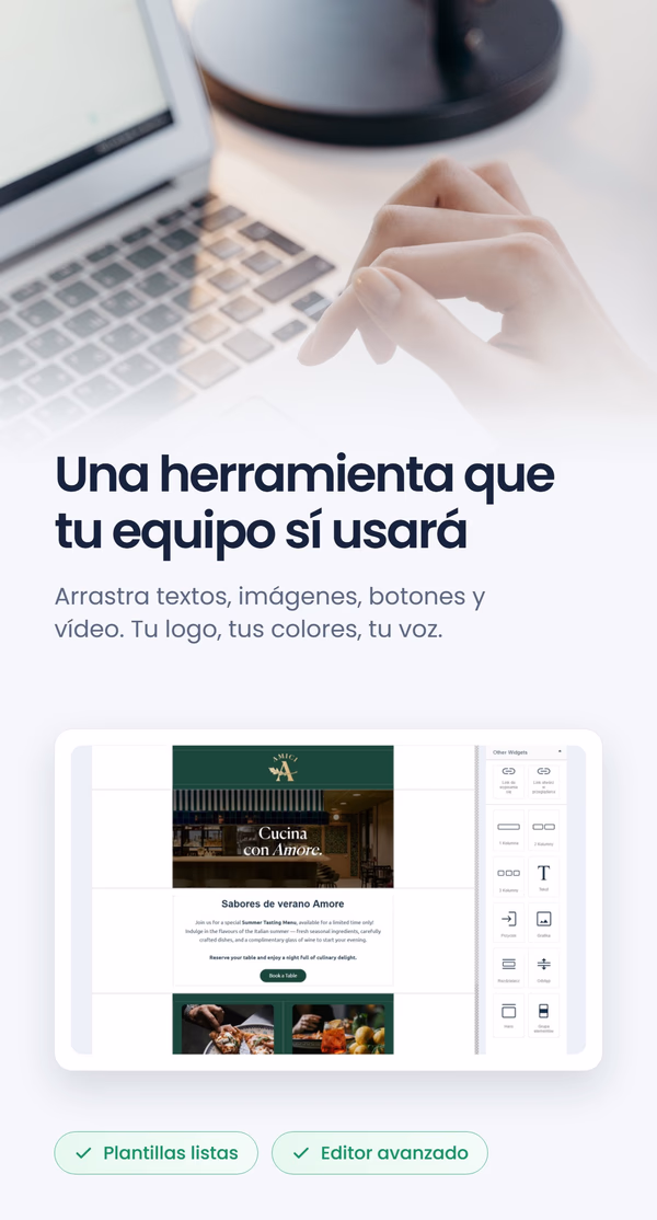 Creador de correos de arrastrar y soltar mostrando un correo del restaurante Amici, junto al titular 'Una herramienta que tu equipo sí usará'