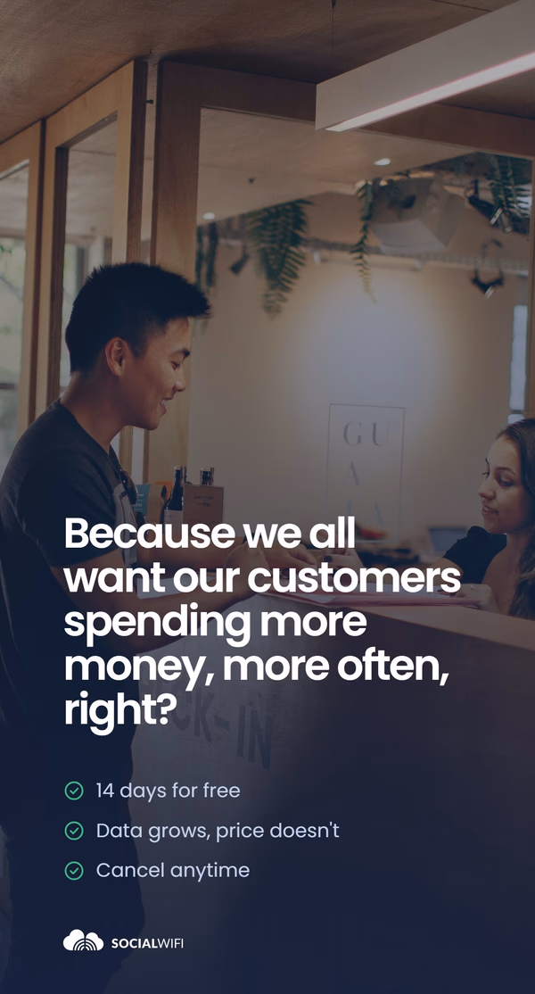 Hotel guest checking in with a smiling receptionist at the front desk, with the headline 'Because we all want our customers spending more money, more often, right?' and a checklist reading '14 days for free', 'Data grows, price doesn't' and 'Cancel anytime'