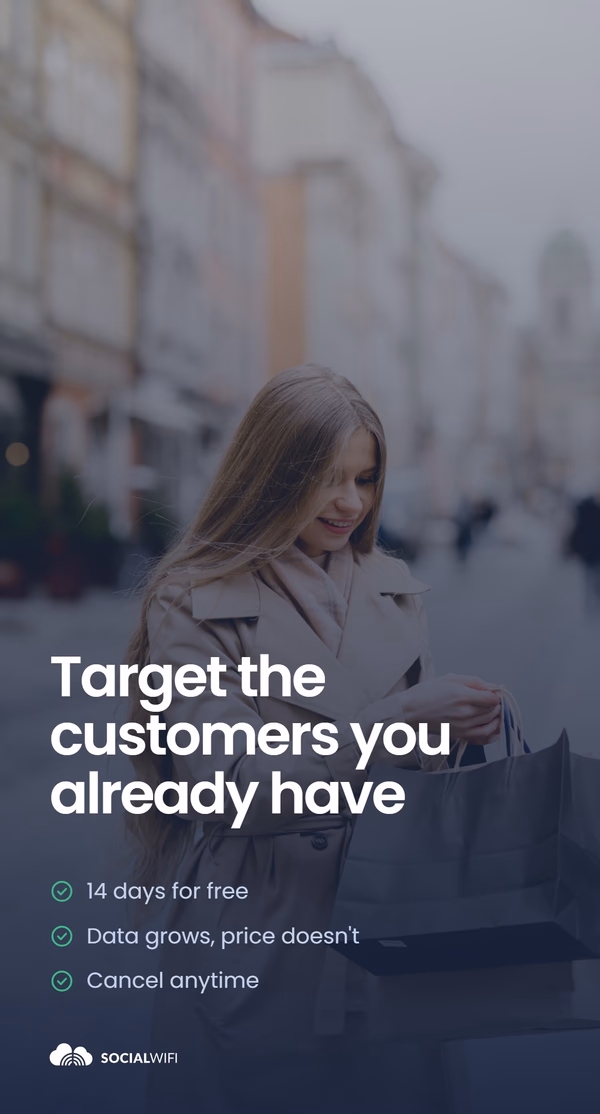 Guest carrying shopping bags on a city street, with the headline 'Target the customers you already have'