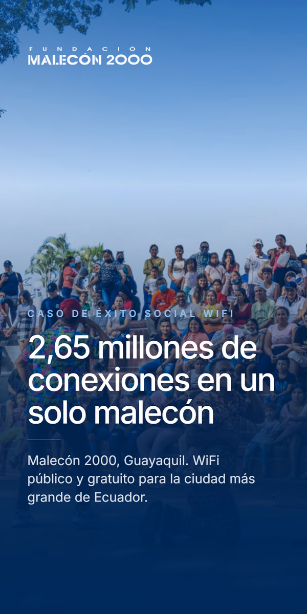 Diapositiva de portada del caso de éxito Malecón 2000, con el logo de Fundación Malecón 2000 y una multitud de visitantes en el malecón de Guayaquil, bajo el titular '2,65 millones de conexiones en un solo malecón' y el texto 'Malecón 2000, Guayaquil. WiFi público y gratuito para la ciudad más grande de Ecuador.'