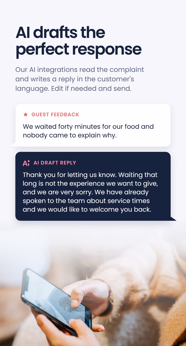Chat-style mockup headlined 'AI drafts the perfect response', showing a guest complaint about a forty-minute food wait and an AI-drafted reply apologizing and inviting the guest back, next to a photo of someone typing on a phone