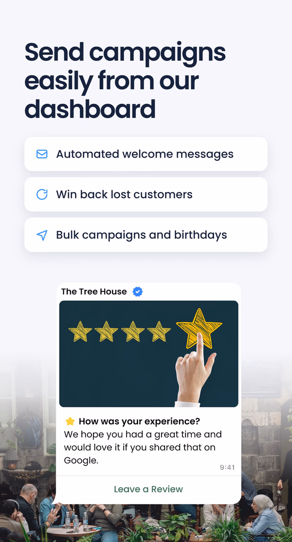Three feature pills - automated welcome messages, win back lost customers, bulk campaigns and birthdays - under the headline 'Send campaigns easily from our dashboard', above a WhatsApp review request message asking guests to rate their experience and leave a review