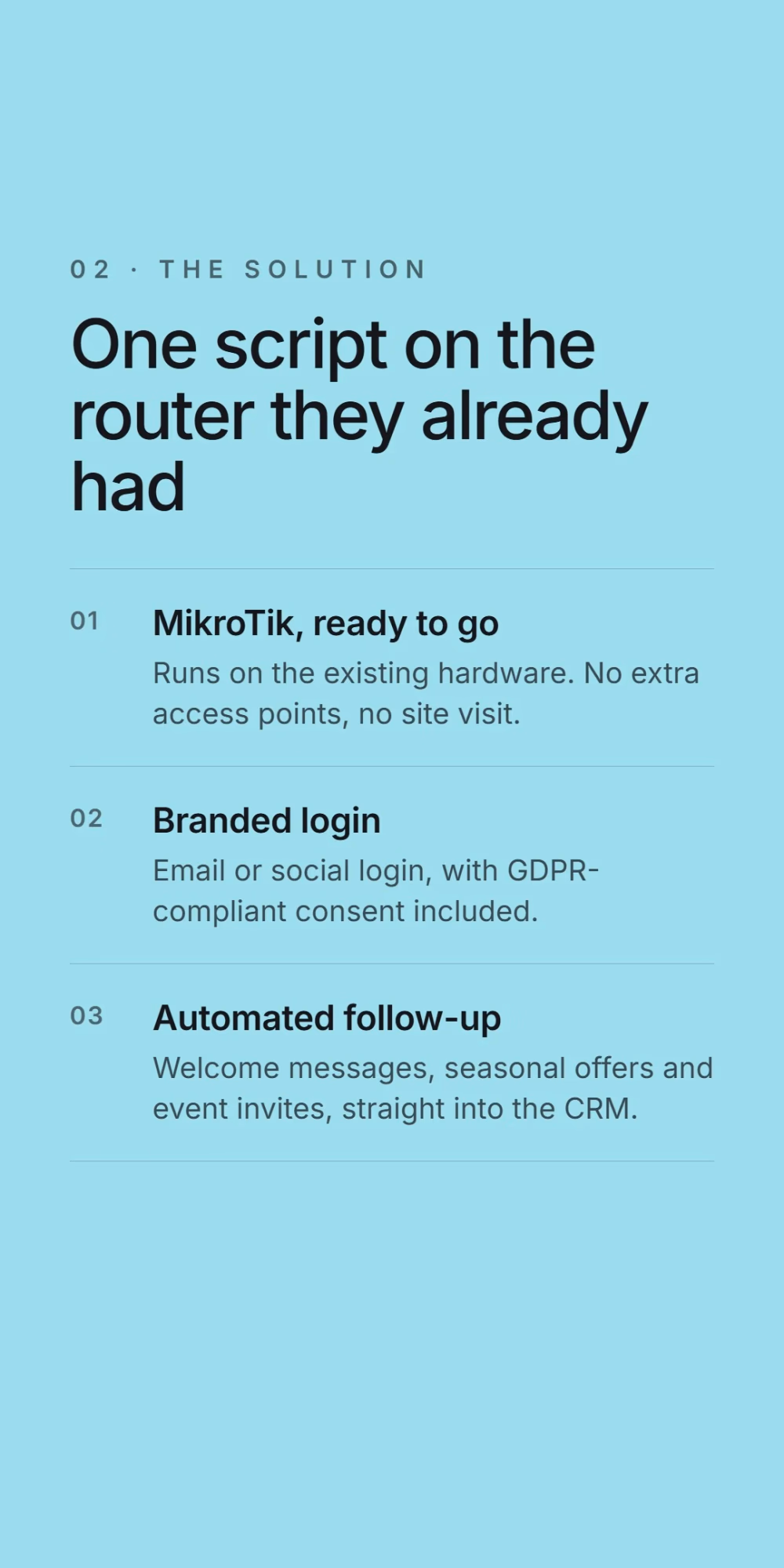 The solution: one script on the router they already had. MikroTik with no extra access points, a branded login with GDPR-compliant consent, and automated follow-up into the CRM.