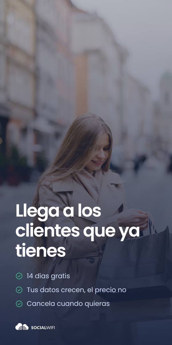 Mujer cargando bolsas de compras por una calle de la ciudad, bajo el titular 'Llegue a los clientes que ya tiene' y una lista de '14 días gratis', 'Sus datos crecen, el precio no', 'Cancele cuando quiera'
