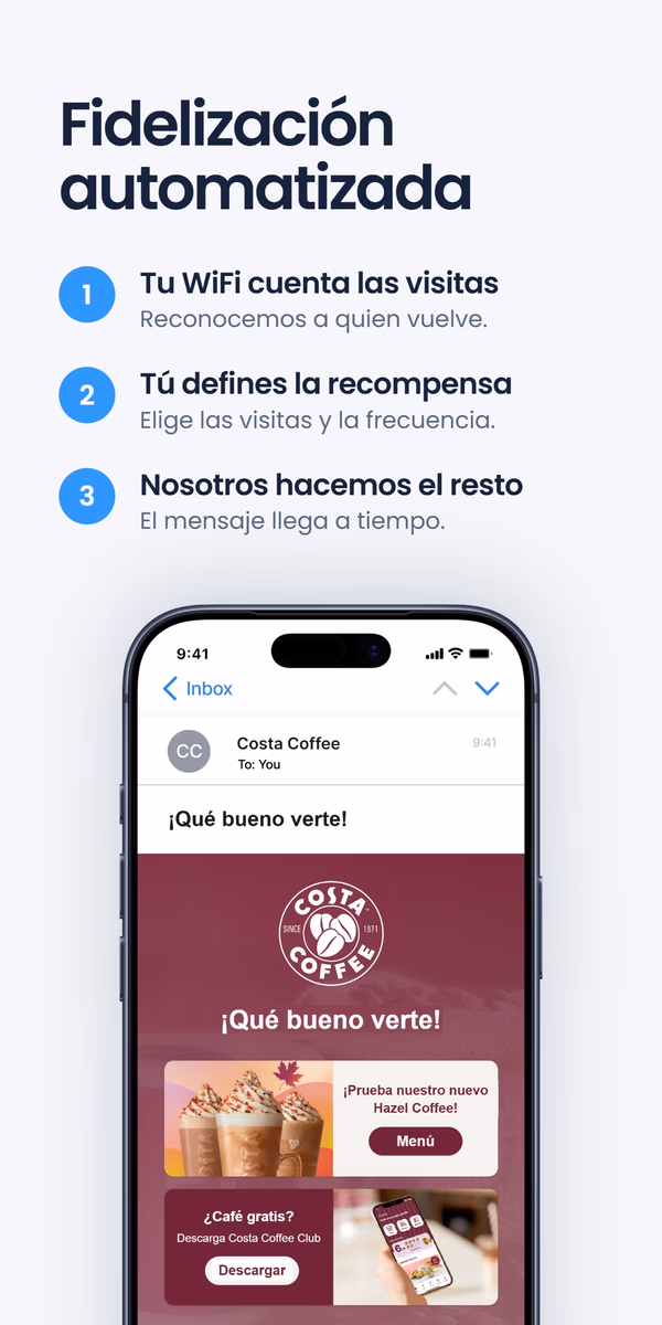 Lista de tres pasos 'Fidelización automatizada' - Su WiFi cuenta las visitas, Tú defines la recompensa, Nosotros hacemos el resto - junto a un teléfono con un correo de fidelización de Costa Coffee '¡Qué bueno verte!'