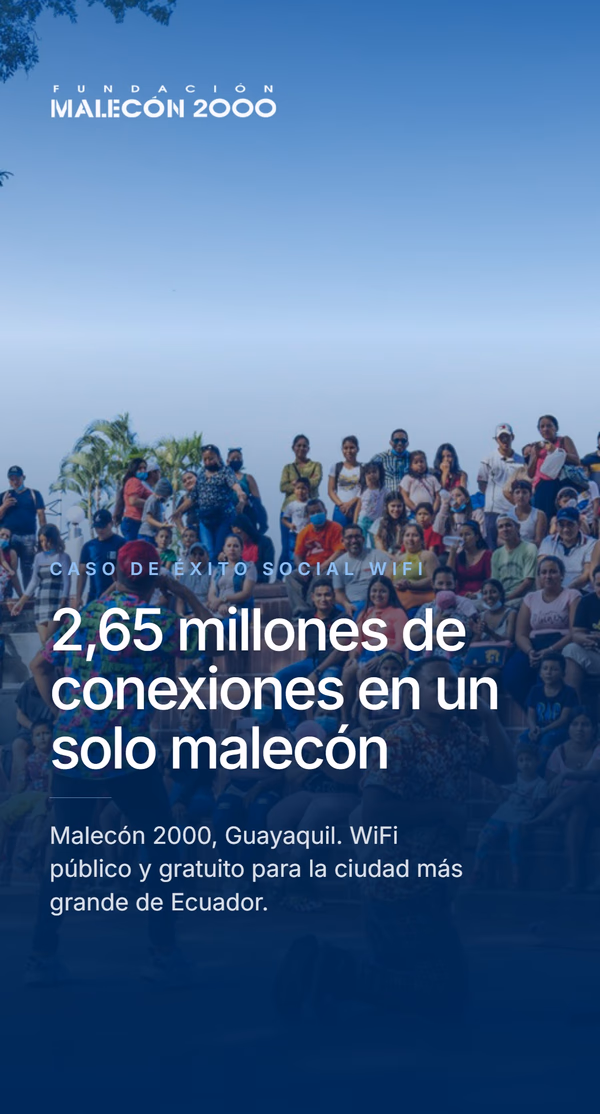 Diapositiva de portada del caso de éxito Malecón 2000, con el logo de Fundación Malecón 2000 y una multitud de visitantes en el malecón de Guayaquil, bajo el titular '2,65 millones de conexiones en un solo malecón' y el texto 'Malecón 2000, Guayaquil. WiFi público y gratuito para la ciudad más grande de Ecuador.'