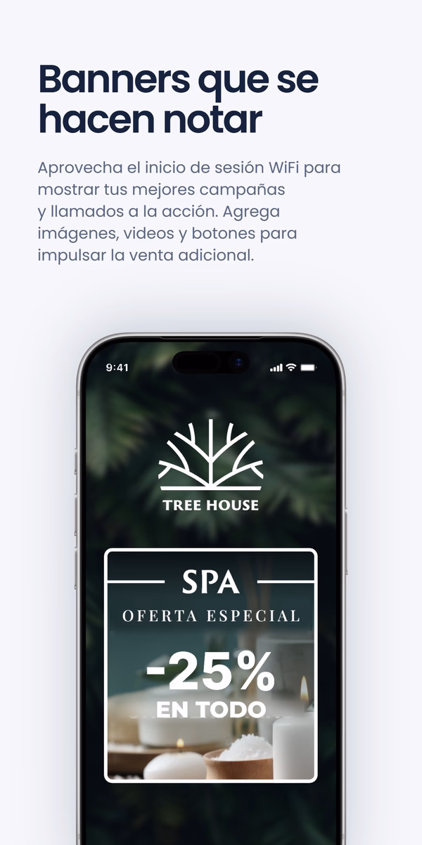 Maqueta de una pantalla de inicio de sesión WiFi para 'Tree House' con un banner 'SPA Oferta especial -25% en todo', bajo el titular 'Banners que se hacen notar'