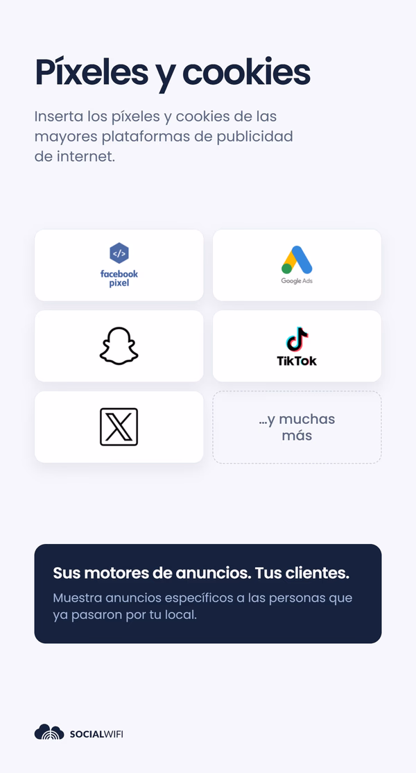 Cuadrícula de logotipos de plataformas publicitarias - Facebook Pixel, Google Ads, Snapchat, TikTok y X - bajo el titular 'Píxeles y cookies' y el texto 'Sus motores de anuncios. Tus clientes.'