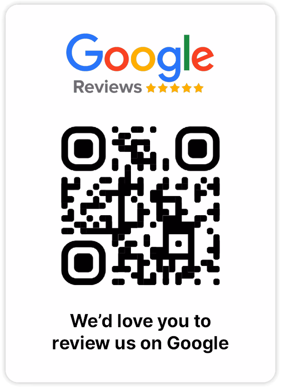 A Google Reviews QR code card asking guests to review the venue on Google