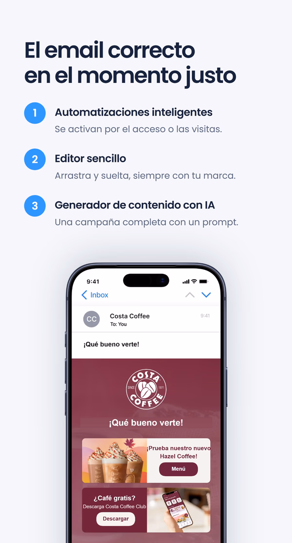 Lista de tres puntos - automatizaciones inteligentes, editor sencillo y generador de contenido con IA - junto a un teléfono con la vista previa de un correo de marca de Costa Coffee en la bandeja de entrada, bajo el titular 'El email correcto en el momento justo'
