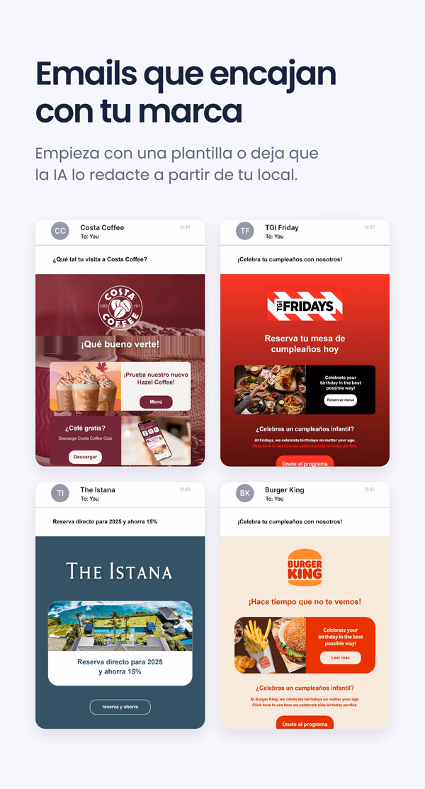 Cuatro correos electrónicos de marca - Costa Coffee, TGI Friday, The Istana y Burger King - bajo el titular 'Emails que encajan con tu marca'