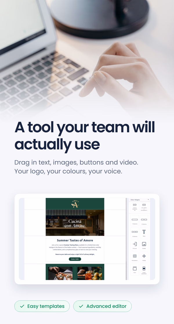 Drag-and-drop email editor building a restaurant marketing email, next to the headline 'A tool your team will actually use'