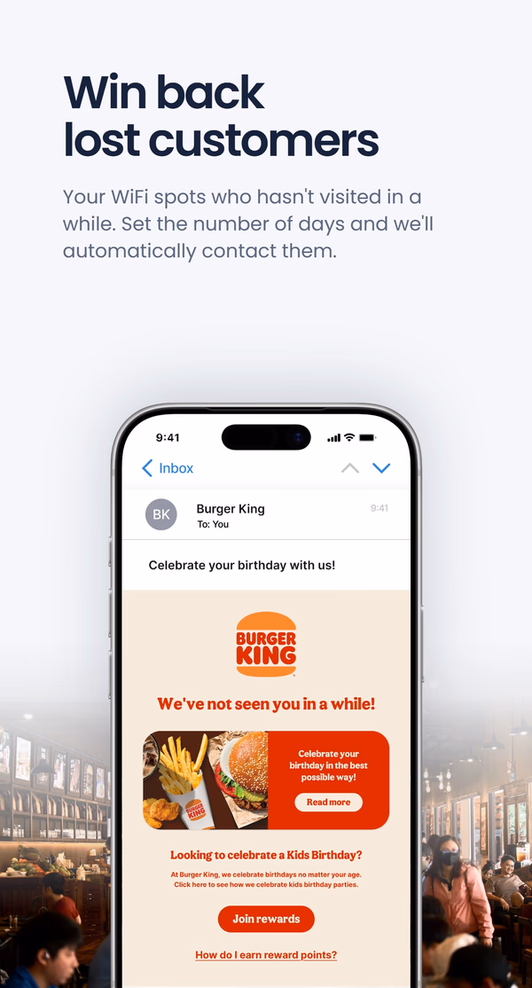 Phone showing a Burger King 'We've not seen you in a while!' win-back email with a birthday rewards offer, under the headline 'Win back lost customers'