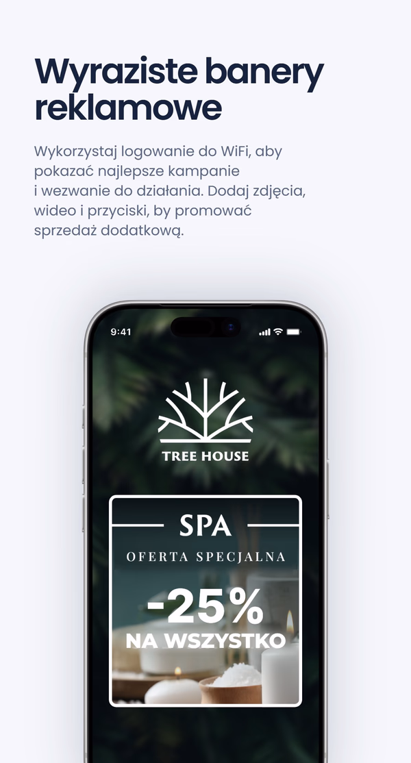 Makieta ekranu logowania WiFi dla 'Tree House' z banerem 'SPA Oferta specjalna -25% na wszystko', pod nagłówkiem 'Wyraziste banery reklamowe'