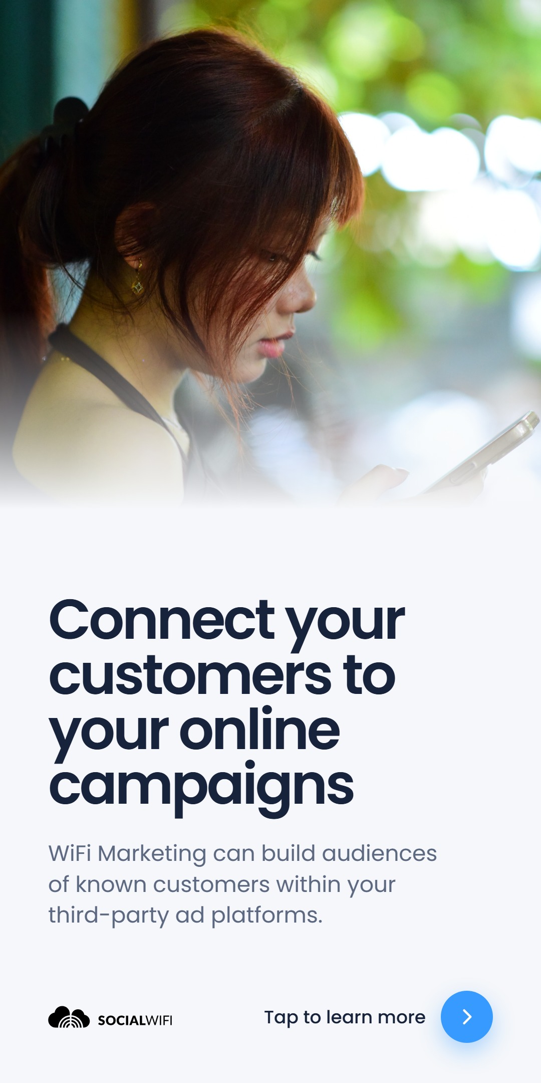 Guest checking their phone against a blurred green backdrop, with the headline 'Connect your customers to your online campaigns'