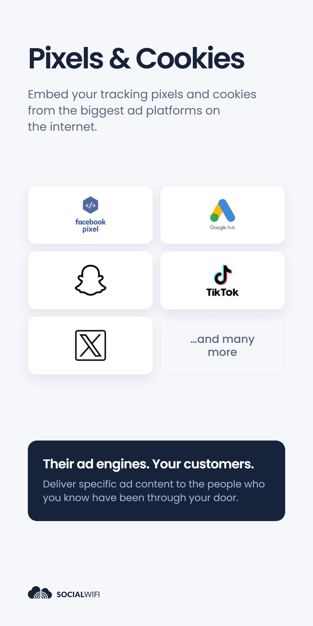 Grid of ad platform logos - Facebook Pixel, Google Ads, Snapchat, TikTok and X - under the headline 'Pixels & Cookies'