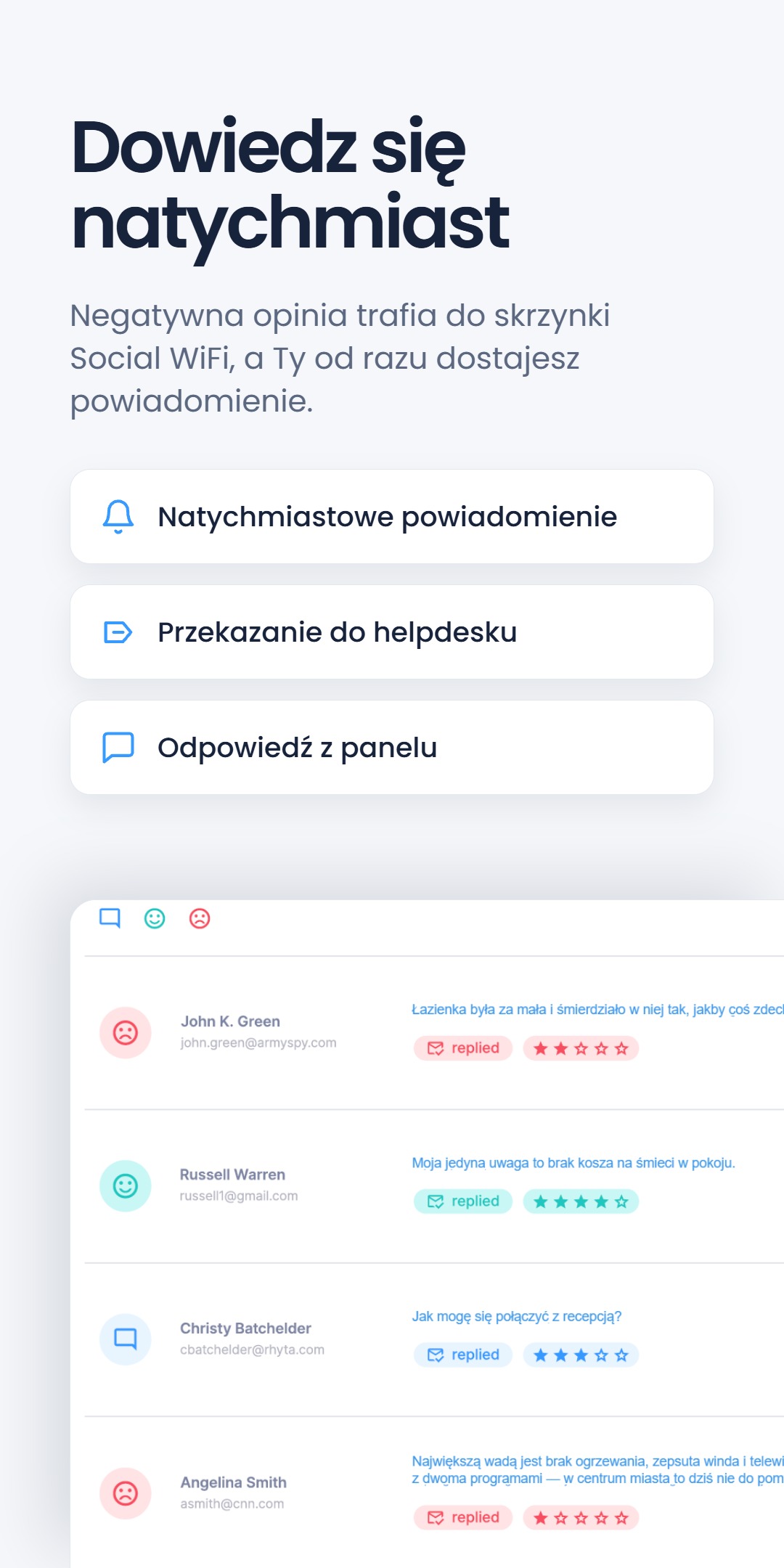 Zrzut panelu pod nagłówkiem 'Dowiedz się natychmiast' - Natychmiastowe powiadomienie, Przekazanie do helpdesku, Odpowiedź z panelu - z listą opinii gości z ocenami w gwiazdkach