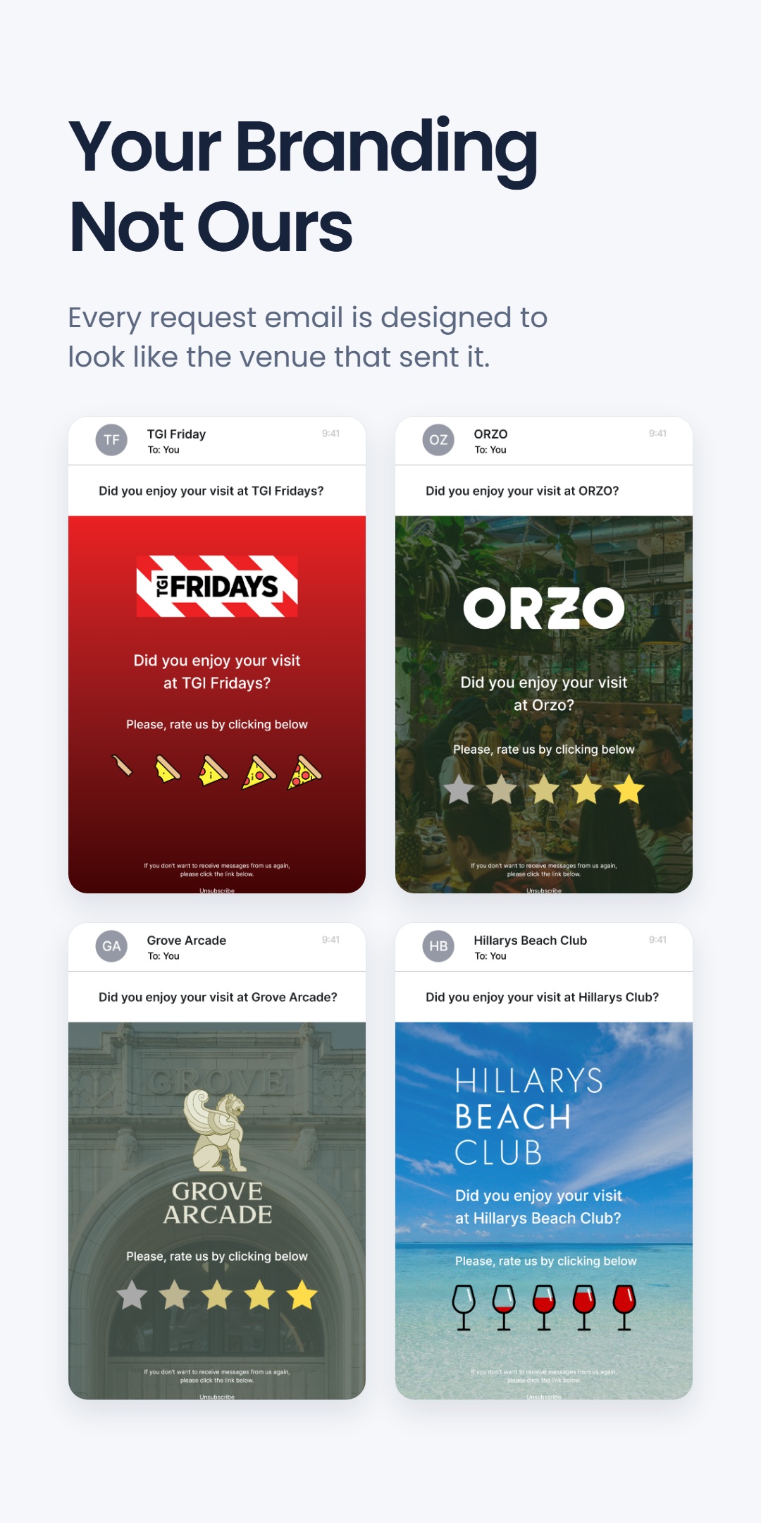 Four branded review request emails for different venues, each with its own themed rating scale, under 'Your Branding Not Ours'
