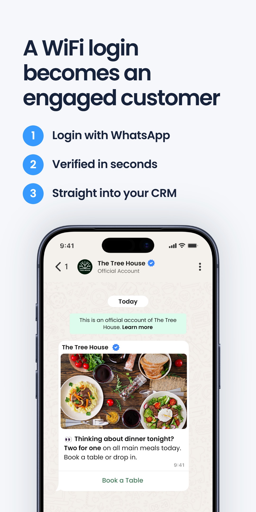 Three-step list - login with WhatsApp, verified in seconds, straight into your CRM - under the headline 'A WiFi login becomes an engaged customer', above a phone showing a WhatsApp chat from The Tree House with a two-for-one meal offer and a Book a Table button