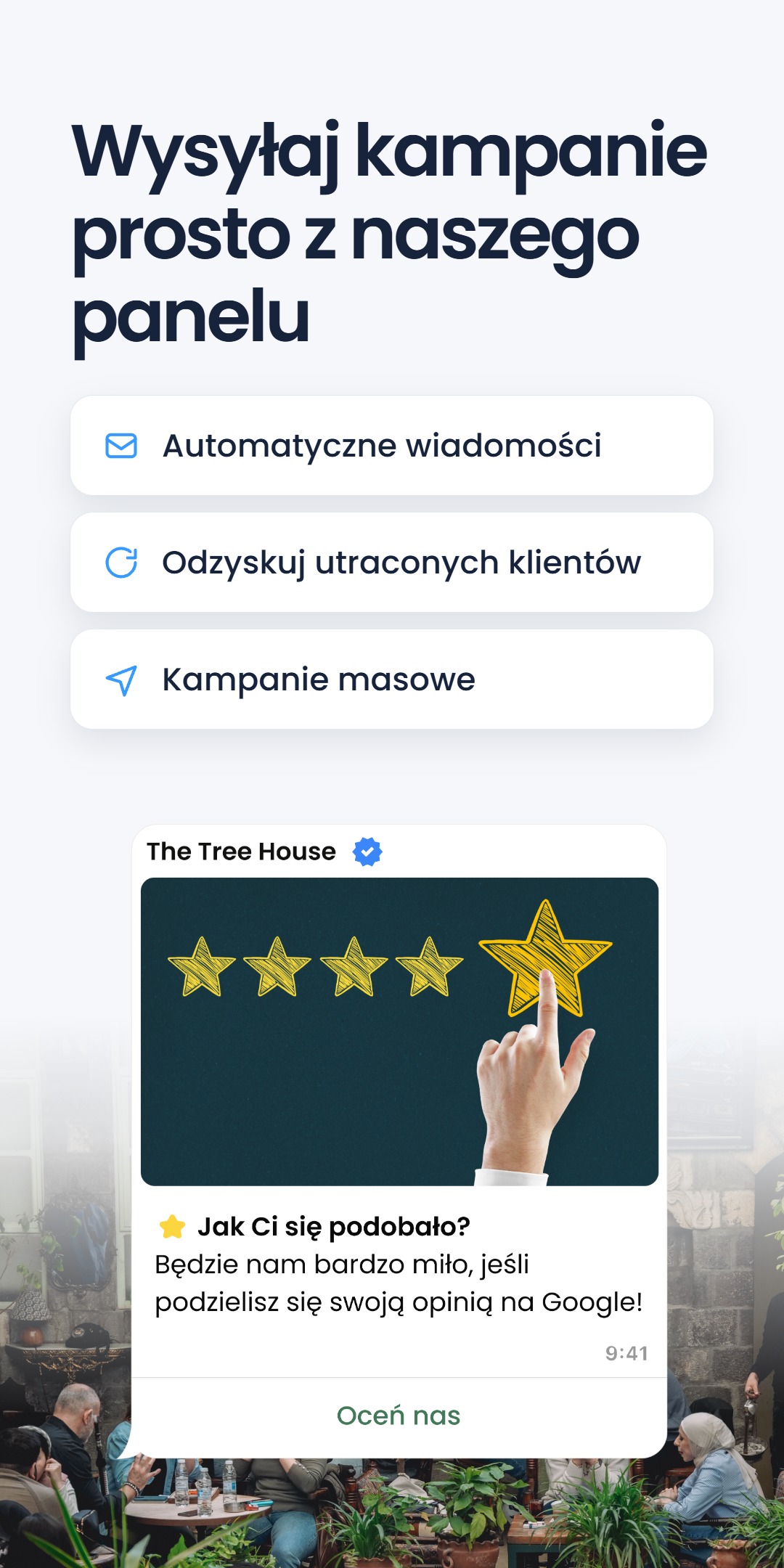Trzy funkcje - automatyczne wiadomości powitalne, odzyskiwanie utraconych klientów, kampanie masowe i urodzinowe - pod nagłówkiem 'Wysyłaj kampanie łatwo z naszego panelu', nad wiadomością WhatsApp z prośbą o opinię