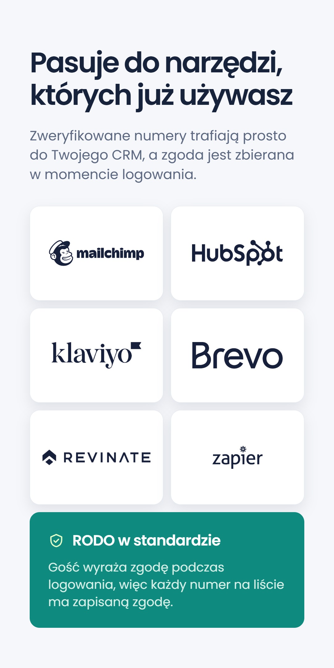 Siatka logo integracji CRM i marketingowych - Mailchimp, HubSpot, Klaviyo, Brevo, Revinate i Zapier - pod nagłówkiem 'Pasuje do narzędzi, których już używasz', z banerem RODO domyślnie informującym, że zgoda jest zbierana przy logowaniu