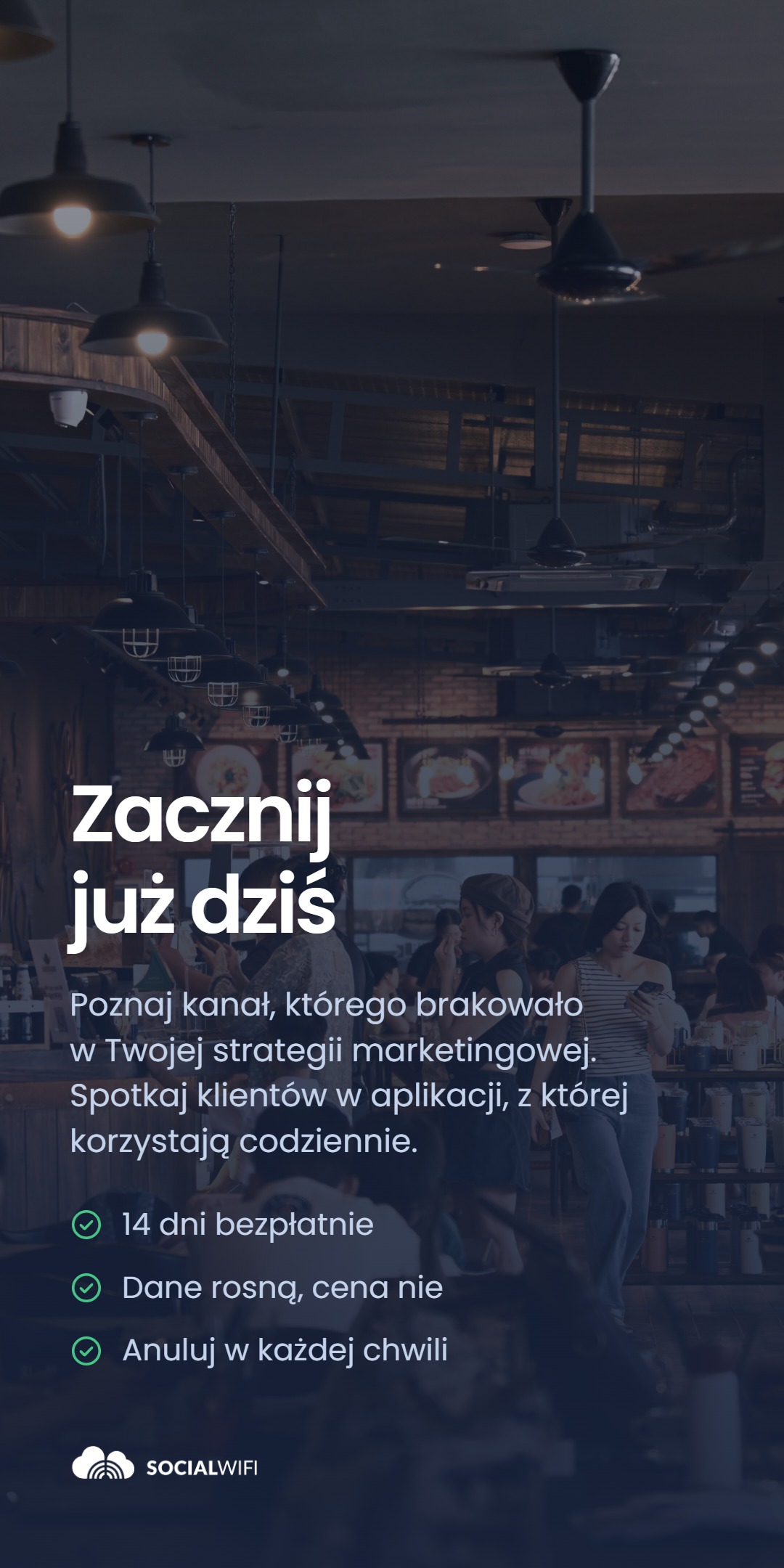 Goście sprawdzający telefony w ruchliwej restauracji, pod nagłówkiem 'Zacznij już dziś' i listą korzyści - 14 dni za darmo, dane rosną, cena nie, anuluj kiedy chcesz